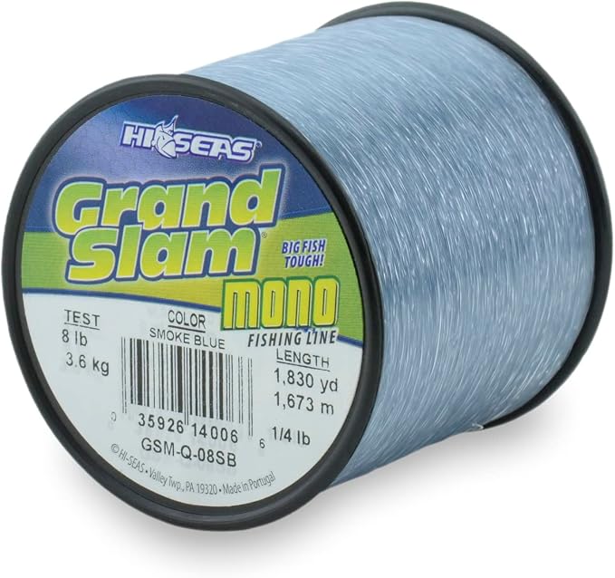 HI-SEAS Grand Slam Monofilament Fishing Line - Strong & Abrasion Resistant in Clear, Pink, Green, Smoke Blue, Fluorescent Yellow Freshwater & Saltwater – Quarter Pound Spool