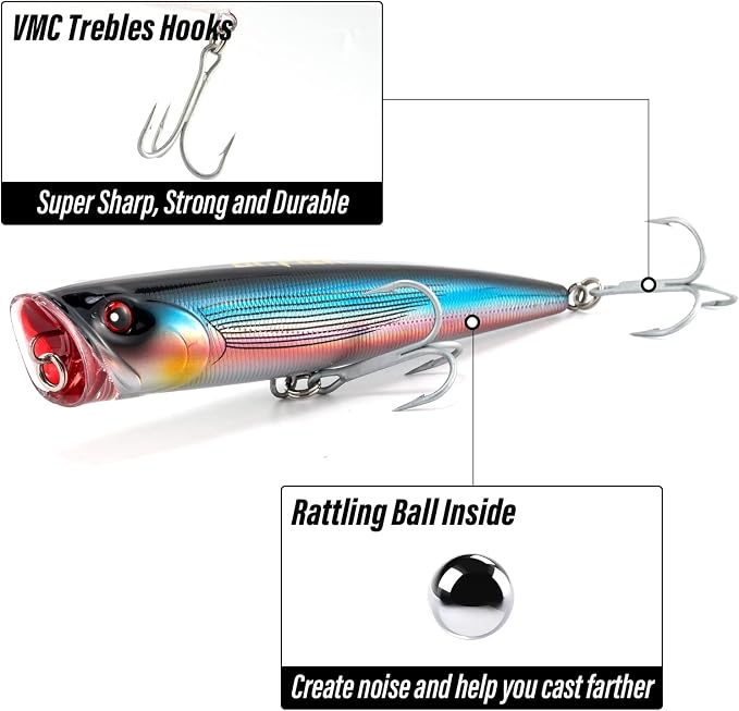 Dr.Fish Popper Saltwater Fishing Lures, 4/5.5 Inches GT Popper VMC Treble Hooks Surf Fishing Lures for Bass Striper Pike Salmon Offshore