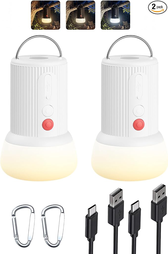 LED Rechargeable Camping Lantern with Hook - 6000mAh Emergency Outdoor Camping Lights, IPX5 Water Resistant Portable Tent Lights for Camping Hiking, Backpacking, Fishing, Outages (White 2pack)