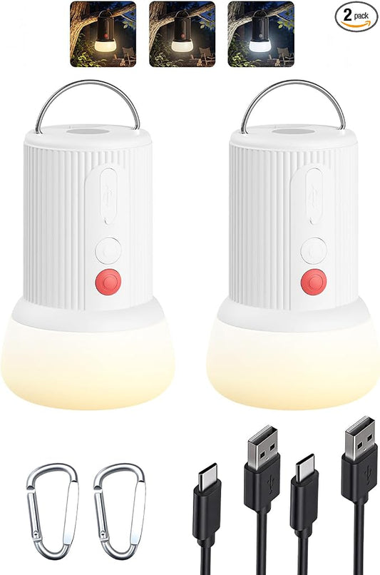 LED Rechargeable Camping Lantern with Hook - 6000mAh Emergency Outdoor Camping Lights, IPX5 Water Resistant Portable Tent Lights for Camping Hiking, Backpacking, Fishing, Outages (White 2pack)