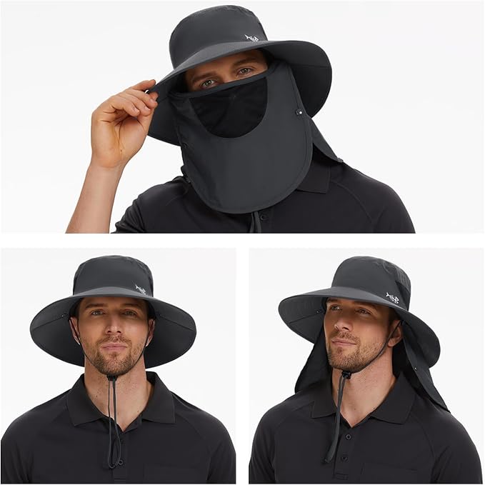 BASSDASH UPF 50+ Breathable Sun Hat with Removable Face Cover and Neck Flap Wide Brim Bucket Hat for Fishing Hiking Men Women
