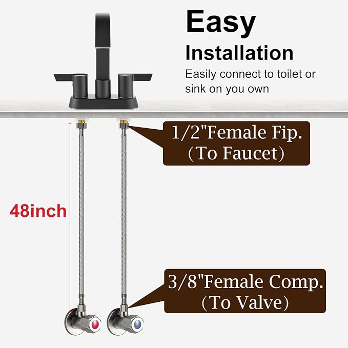 Midanya Faucet Supply Lines,48" Stainless Steel Braided Water Supply Line, 1/2" FIP x 3/8" COMP Faucet Hose, Faucet Hose Connector x 2 Pcs (1 Pair)