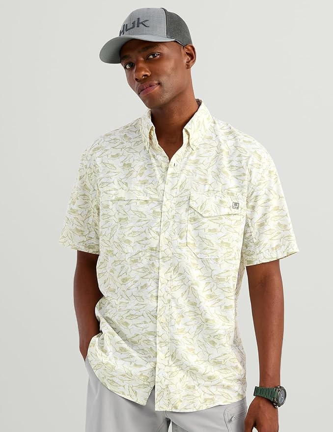 HUK Men's Tide Point Kc Scott Original Artwork Short Sleeve Shirt, Fishing Button Down