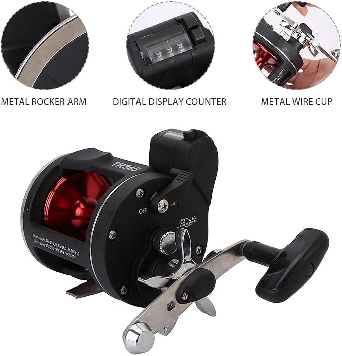 Trolling Reels Equipped Ice Fishing Rod & Reel Combos Aluminum Alloy Drum Wheel Fishing Reel with Line Counter for Sea Fishing