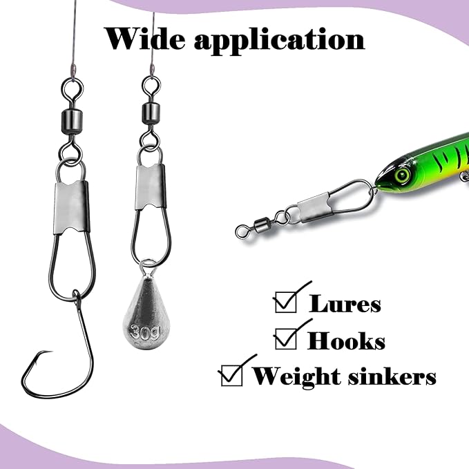 Fishing Snap Swivels & Barrel Swivels - 50 Pack Stainless Steel Corrosion-Resistant Saltwater/Freshwater Swivel Clips with Safety Interlock & Ball Bearing for Fishing Lures, Leader Lines