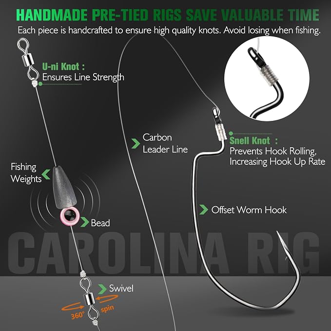 Dovesun 10/5PCS Ready Tied Carolina Rig Kit for Bass Fishing Catfish Rig Catfish Hook Kit with Bass Hooks, Swivel, Fluorocarbon Line, Weights