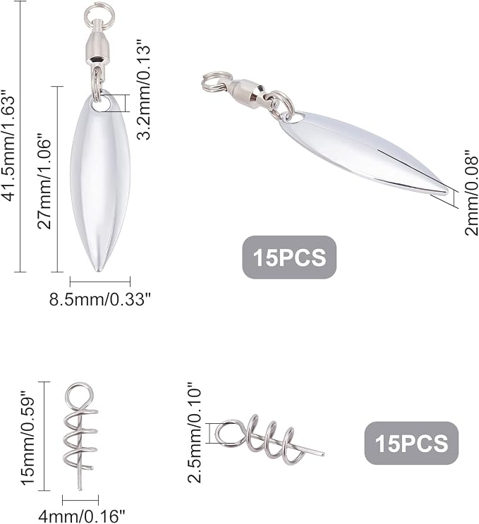 SUPERFINDINGS 15Pcs Fishing Lures Willow or Colorado Blade Spinner Blades Bearing Swivels Tail Spinner Spinnerbait Lure Making Supplies Bass Lures