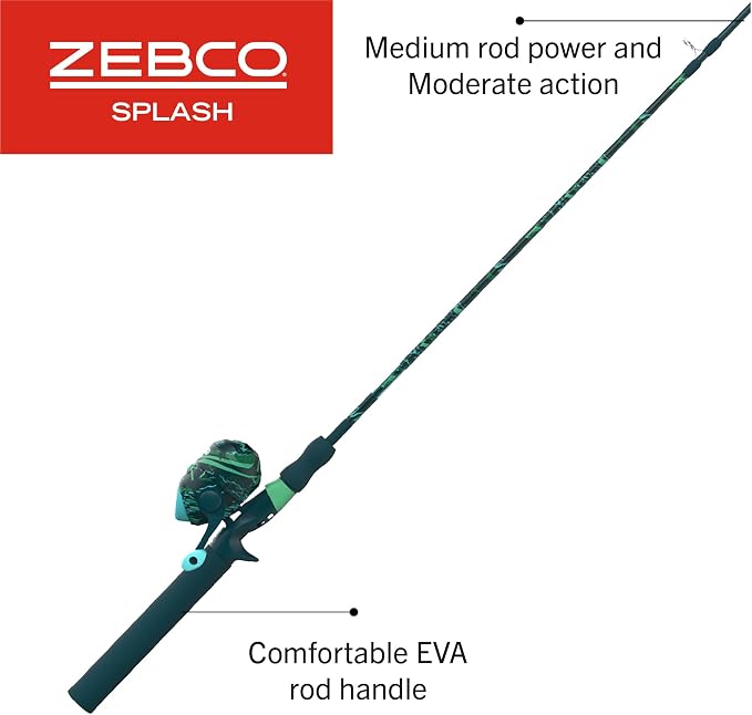 Zebco Splash Spincast Reel and Fishing Rod Combo, Fiberglass Rod, Ball Bearing System, All Metal Gears, 8-Pound Line