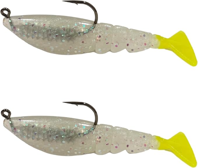 Four Horsemen Boom Boom Shrimp Plastic Bait Made in USA Saltwater Fishing Lures for Speckled Trout, Redfish - 1/8 Deathgrip Jighead Hook - Contains 2 Swimbaits