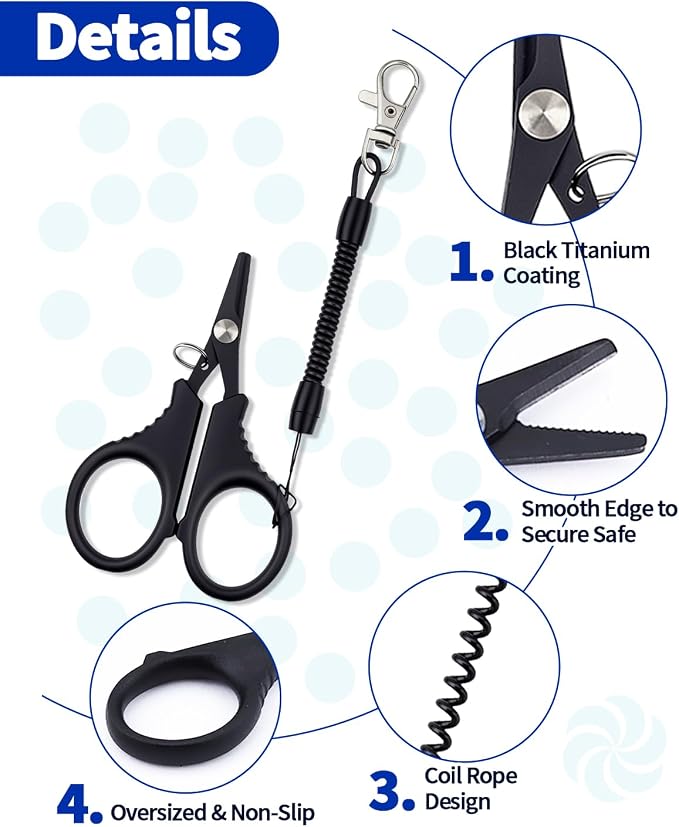 6 Pieces Fishing Scissors, Stainless Steel Fishing Line Cutter &braided Line Cutter, Cutters with Titanium Coating-Fishing with Hook and Retractable Coil Lanyards Fishing Accessories (Black)