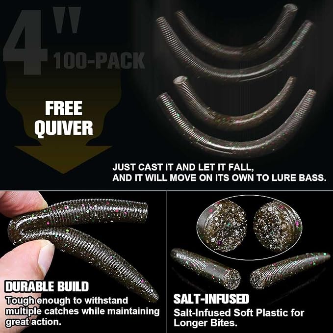 Wacky Worms Soft Plastic for Bass Fishing Lures–100 Pack 4" & 5" Stick Baits Wacky, Texas, Neko & Drop Shot Rigs–Bulk Soft Lure