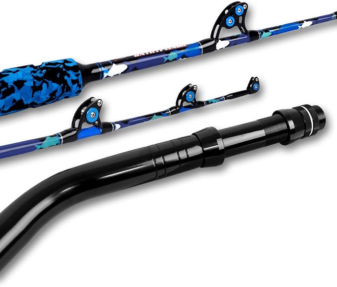 Fiblink Saltwater Fishing Rod 1Piece/2Piece Offshore Trolling Rod Big Game Deep Sea Rod Conventional Boat Blue Camouflage Fishing Pole(5'6"/6'/7')