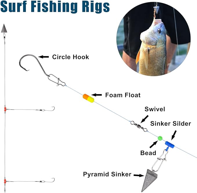 Surf Fishing Tackle Kit Ocean Saltwater Fishing Lures Surf Fishing Gear Fish Finder Rigs Pompano Rig Pyramid Sinker Weight Fishing Hooks Swivels Various Accessories