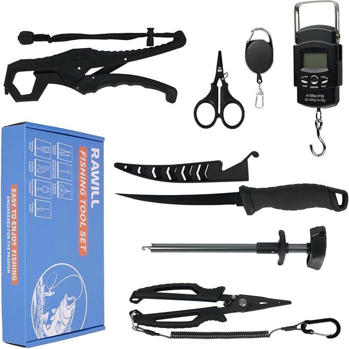 RAWILL Fishing Kit,Filleting Knife,Hook Remover,Fish Grip, Line Cutter,Fishing Scale, Pliers with Lanyards,Not Include Batteries
