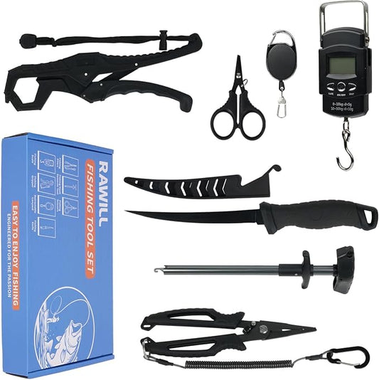 RAWILL Fishing Kit,Filleting Knife,Hook Remover,Fish Grip, Line Cutter,Fishing Scale, Pliers with Lanyards,Not Include Batteries