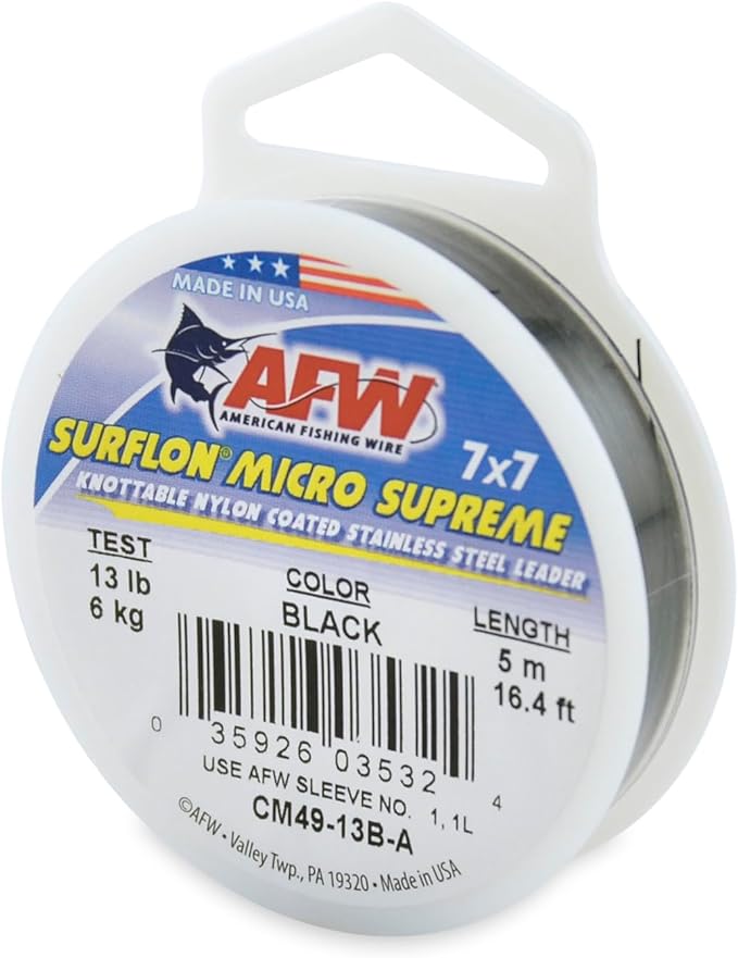 American Fishing Wire Surflon Micro Supreme Nylon Coated 7x7 Stainless Steel Leader Wire - Knottable Wire Leaders for Fishing Saltwater, Fly Fishing, 13lb Test - 90lb Test, Bright, Black & Camo Colors