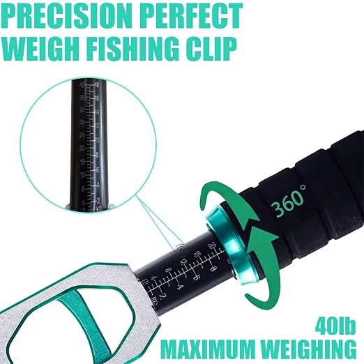 11" Aluminum Fish Lip Gripper with Scale, Built-in 40lb Scale Heavy Duty Fishing Grabber, Telescopic Rope, Fish Control Tackle 360° Swivel Non-Slip Handle