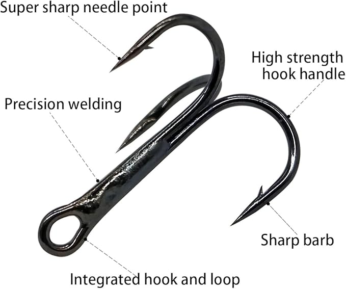 200 Pack Fishing Treble Hooks Kit High Carbon Steel Hooks Strong Sharp Round Bend with Split Rings for Lures Baits Saltwater Freshwater Fishing Size 2# 4# 6# 8# 10#