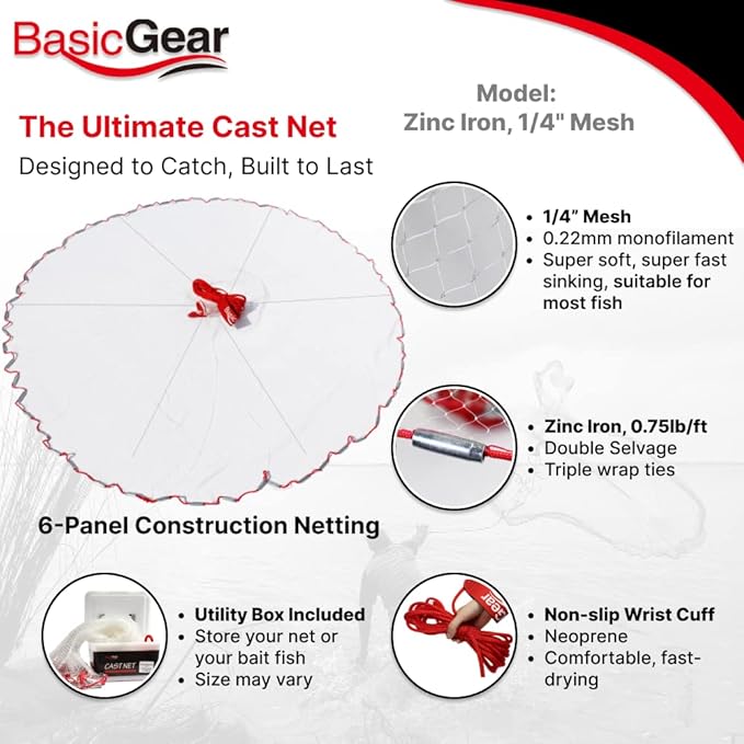 BasicGear Cast Net | 3ft-12ft Radius, 3/8 or 1/4 inch Mesh for Freshwater and Saltwater Bait Fish| Professional Grade and Upgraded Material | Throw Style