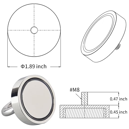 MUTUACTOR Powerful Fishing Magnet,1.89” Neodymium Rare Earth Magnet Heavy Duty,320lbs Strong Pulling Force Round Magnets with Eyebolt Hooks for Salvage,Recovery and Retrieval
