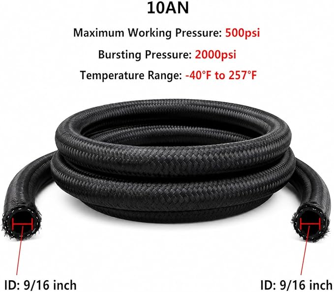 Ucreative 10AN CPE Fuel Hose Line Fitting Kit AN10 Nylon Braided Fuel Hose 10FT Black ID: 0.56 inch (14.2mm)