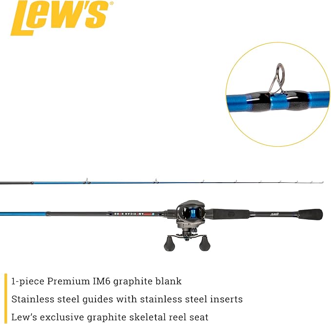 Lew's Lew’s American Hero Baitcast Reel and Fishing Rod Combo, 1-Piece Medium-Heavy Power Fast Action IM6 Graphite Rod, 7.5:1 Gear Ratio, Gray/Black/Blue