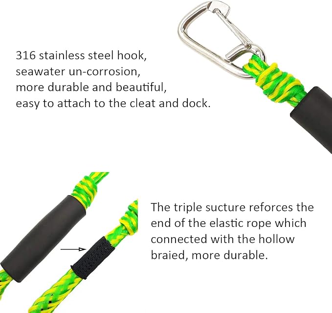 Bungee Dock Lines for Boats 4 Feet, 4 Pack Dock Line with 316 Stainless Clips for PWC, Jet Ski, Kayak, Watercraft, Pontoon, Shock Absorbing Tie Off Downs Boat Accessories Mooring Ropes