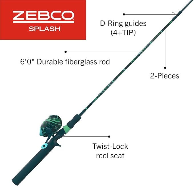 Zebco Splash Spincast Reel and Fishing Rod Combo, Fiberglass Rod, Ball Bearing System, All Metal Gears, 8-Pound Line