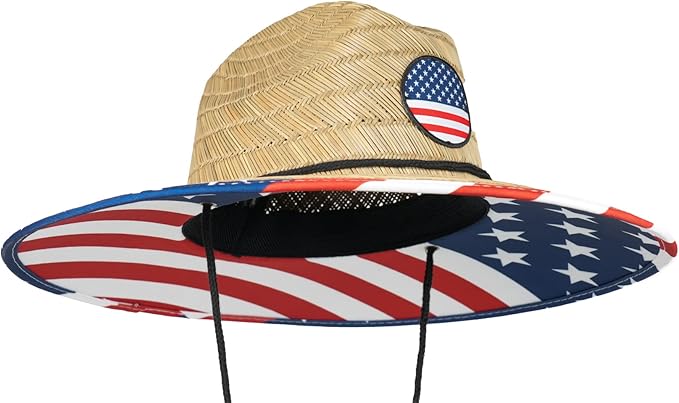 grinderPUNCH Lifeguard Hat Mens Straw Sun Hat for Outdoor American Flag USA Patriotic Straw Beach Fishing Straw Hat for Men