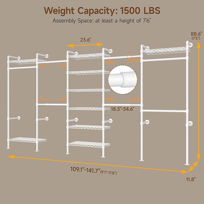 H5 Wall Mounted Closet System, Industrial Pipe Clothes Racks Clothing Rack with 4 Telescopic Rods & 3 Fixing Rods & 9 Shelves, Heavy Duty Closet Organizers and Storage in Wardrobe Closet (White)