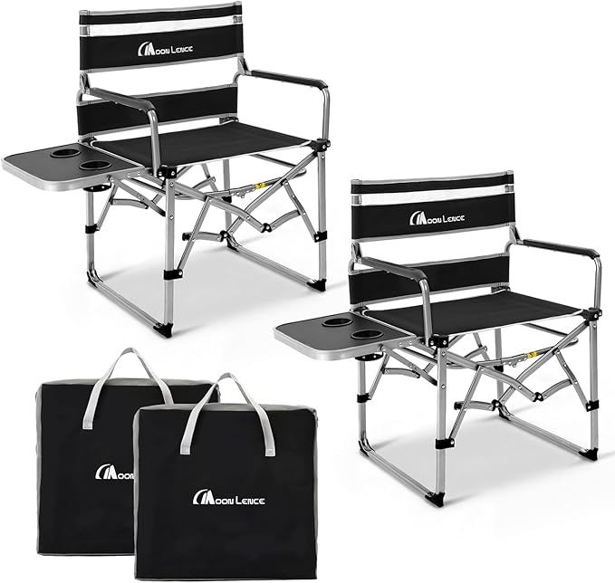 MOON LENCE Directors Camping Chair, Heavy Duty,Oversized Portable Folding Chair with Side Table for Beach, Fishing,Picnic,Lawn,Outdoor Event (Black, 2PCS)