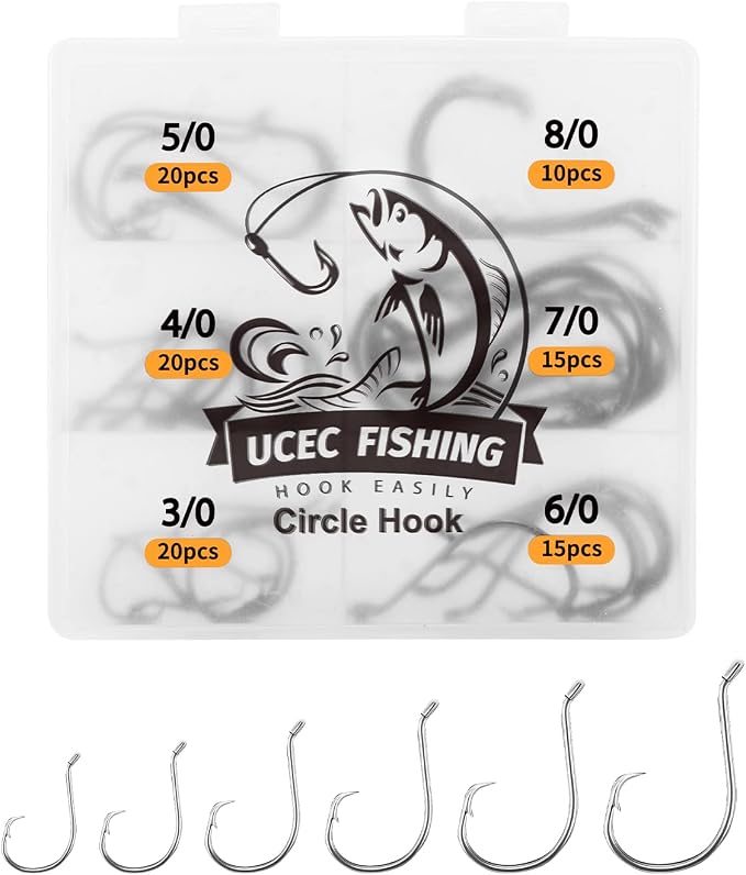 UCEC Circle Hooks Fishing Hooks 2X Strong Offset Circle Hooks Saltwater Black High Carbon Steel Octopus Catfish Fishing Hooks Fishing Gear Tackle 150pcs/ 240pcs - Size:#1 1/0 2/0 3/0 4/0 5/0 6/0 8/0