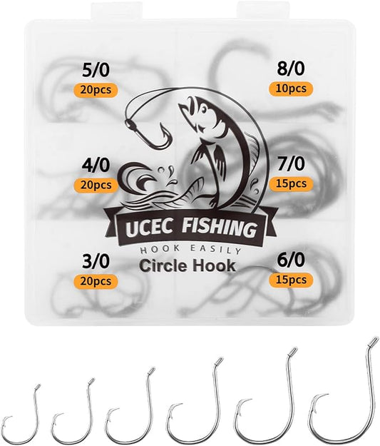 UCEC Circle Hooks Fishing Hooks 2X Strong Offset Circle Hooks Saltwater Black High Carbon Steel Octopus Catfish Fishing Hooks Fishing Gear Tackle 150pcs/ 240pcs - Size:#1 1/0 2/0 3/0 4/0 5/0 6/0 8/0