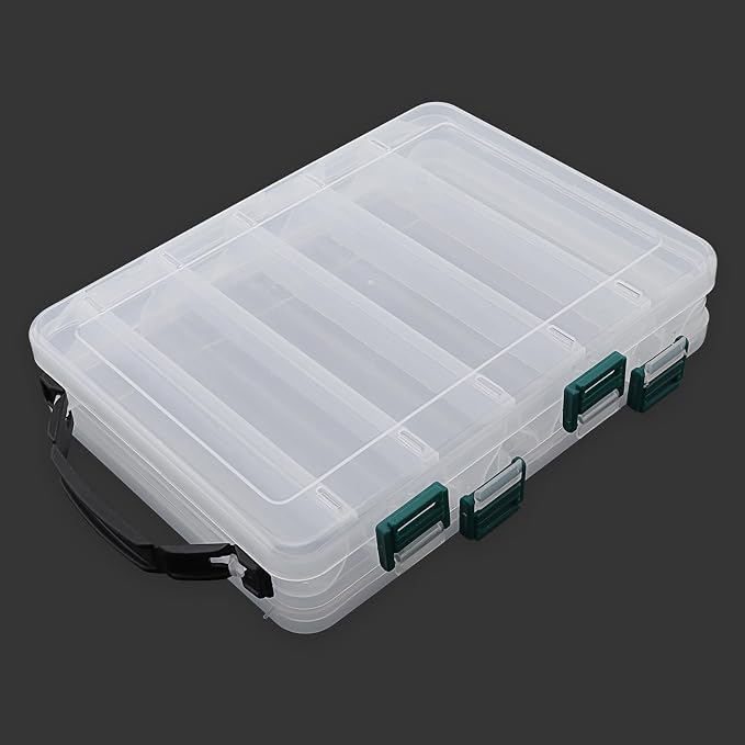 Double Sided Fishing Lures Box, Transparent Visible Fishing Lure Bait, Squid Jig Hooks Plastic Fishing Tackle Storage Case Container (10 Grids 20x16x5cm)