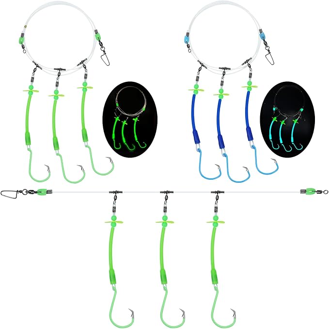 Pre-Rigged Deep Drop Saltwater Rigs – Glow Tubes, Hooks, Beads & Spinner Blade – 6/0 8/0 Circle Hooks for Snapper/Grouper/Tilefish (3/6 Hooks)