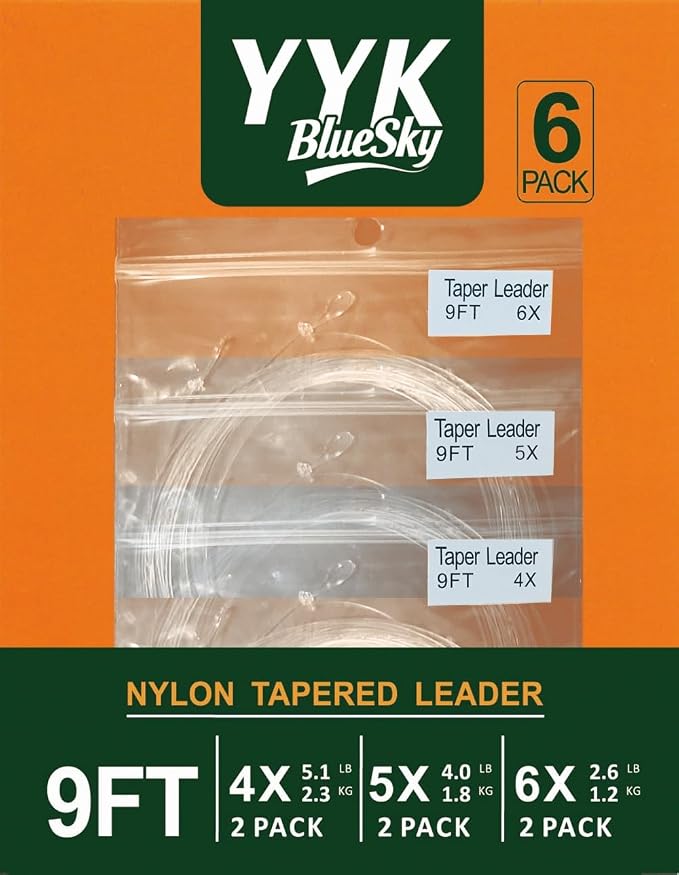 YYKBlueSky 9FT Clear Nylon Tapered Leader, Multiple Sizes 0X-7X (0X 1X 2X 3X 4X 5X 6X 7X) Optional, 5PCS Each for Freshwater Fly Fishing Line