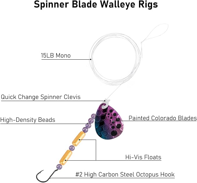 Dr. Fish 10 Pack Walleye Rigs Kit, 47 Inches, 15LB Mono Crawler Harness Walleye Float Rig Colorado Spinner Octopus Hooks for Freshwater Trolling