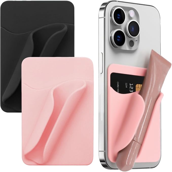 2 Pack Lip Gloss Holder Phone Case,Silicone Lip Gloss Holder with Card Holder,with Back Adhesive, Soft and Easy to Clean, Stylish and Eye-Catching, for Most Phone Models（Black,Pink）