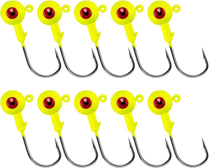 Alwonder 10-Pack Round Fishing Jig Heads, Bass Ball Jigs Hooks 3D Eyes High Carbon Steel 1/8-1/2OZ Pompano Jig Head Saltwater Freshwater Jigs Heads for Fishing Pompano Bass Trout Walleye Striper