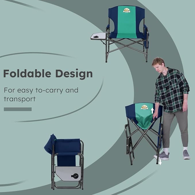 Colegence Oversized Directors Camping Chair Set of 2 Support 600 LBS, Heavy Duty Folding Outdoor Chairs with Detachable Side Pocket and Adjustable Side Table for Outside Beach,Lawn,Fishing,Dark Blue