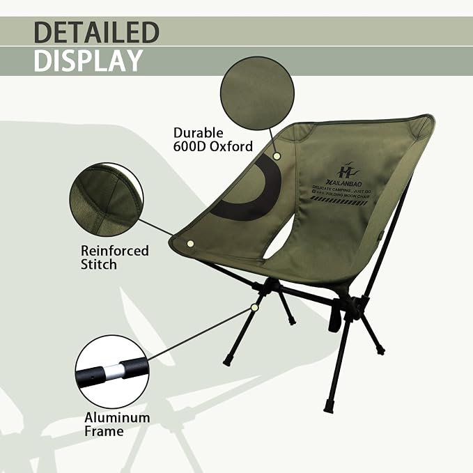 hailanbao Lightweight Folding Camping Chair for Adults, Heavy Duty 300lbs Capacity Compact Backpacking Hiking Chair – Portable Durable Outdoor Chair with Ergonomic Support
