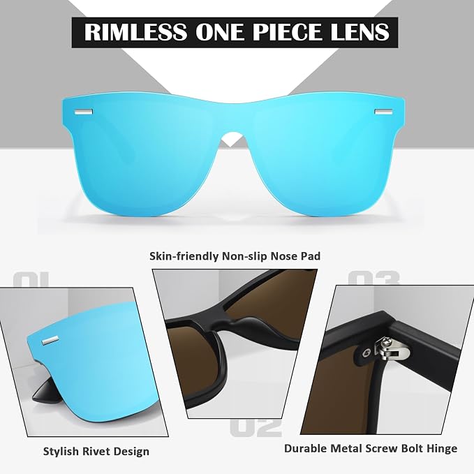 LINVO Trendy Polarized Mirrored Sunglasses Men Womens, Flat One Piece Reflective Shades for Driving Fishing UV400 Protection