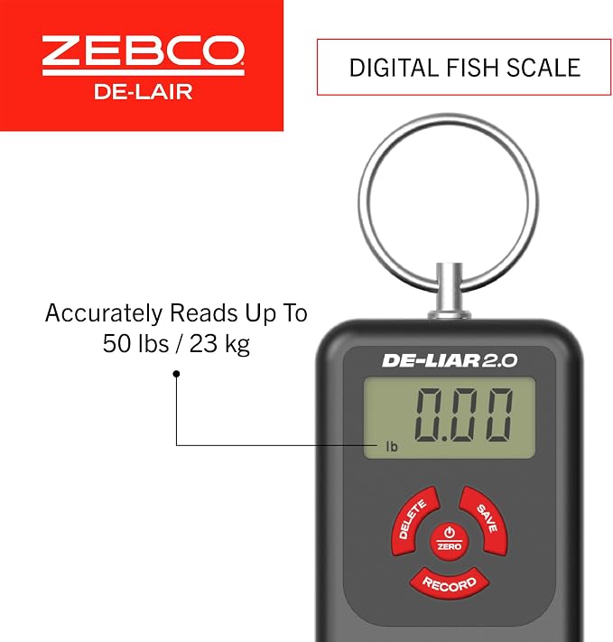 Zebco De-Liar 2.0 Digital Fish Scale, 50-Pounds/23-Kilograms Capacity, Compact Design, Durable Construction, Non-Puncturing Clamp-Style Lip Grip, Black/Red