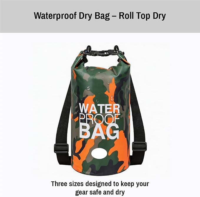 Waterproof Dry Bag Set of 3 (15L 20L 30L) - PVC Roll Top Dry Bags Waterproof - Backpack for Kayaking, Camping, Beach & Travel (Camouflage Orange, Dark Blue, Green)