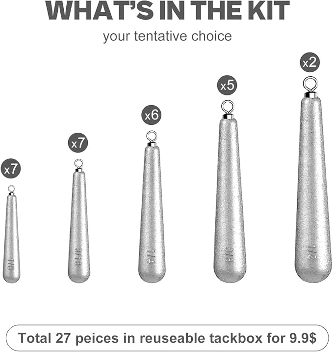 27/30 PCs Free Rig & Drop Shot Weights - Skinny Teardrop Fishing Sinkers (1/8 3/16 1/4 3/8 1/2oz) | Die-Cast Lead-Antimony Alloy | Mixed Kit Available