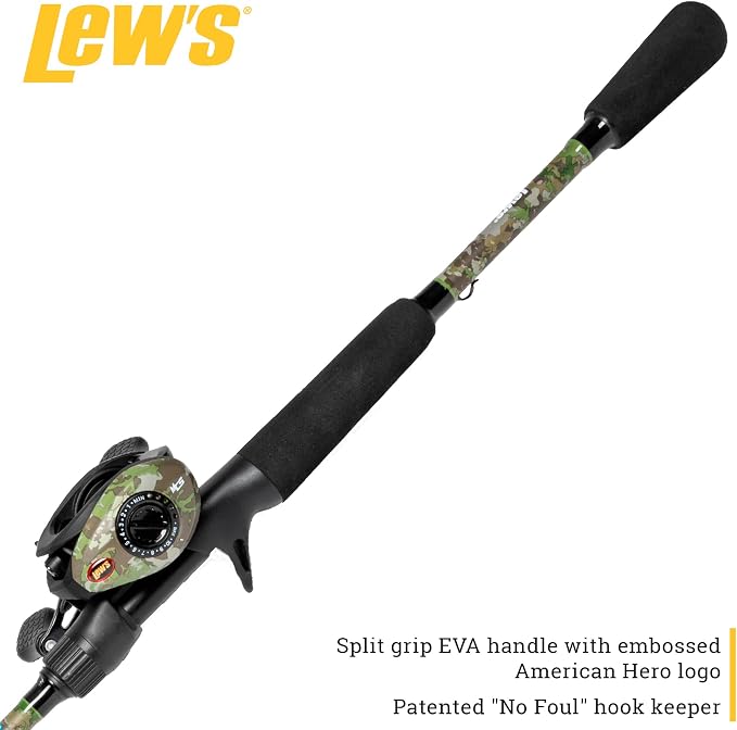 Lew's American Hero Camo Baitcast Reel and Fishing Rod Combo, 7-Foot 1-Piece Medium-Heavy Power IM7 Graphite Rod, 7.5:1 Gear Ratio, One-Piece Graphite Frame, Right-Hand Retrieve, Camo/Black