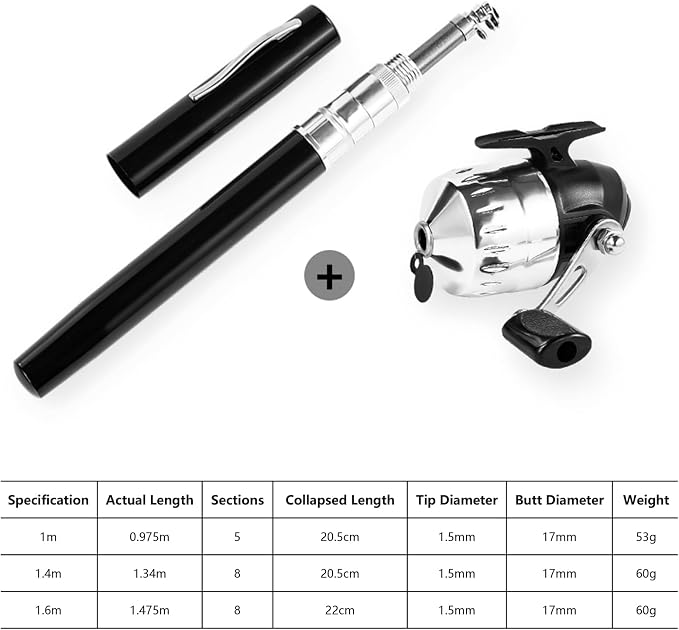 Pen Fishing Rod and Reel Combo Pocket Fishing Rod Telescopic 39in/55in/63in+Spinning Reel, Mini Fishing Pole Kit Ultralight for Traveling Fishing