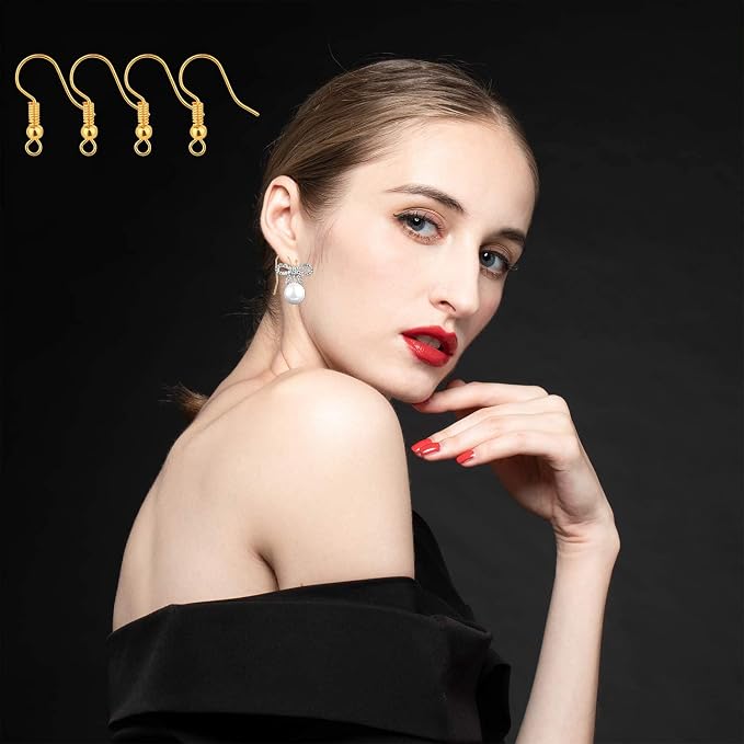 Bylion 400 Pieces Stainless Steel Earring Hooks, Fish Hooks Ear Wires French Wire Hooks, Coil and Ball Style Nickel-Free Ear Wires for Jewelry Making, Gold