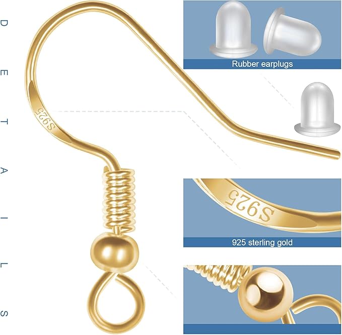925 Sterling Gold Earring Hooks 120 PCS/60 Pairs, Ear Wires Fish Hooks, Hypo-allergenic Jewelry Findings Parts with 120 PCS Clear Silicone Earring Backs Stoppers
