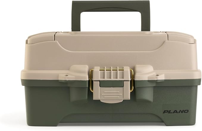 Plano One-Tray Tackle Box, Green/Tan, Rust-Proof Brass Latch, Top-Access Tray with Deep Storage, Made in the USA, Portable Fishing Gear Storage Organizer